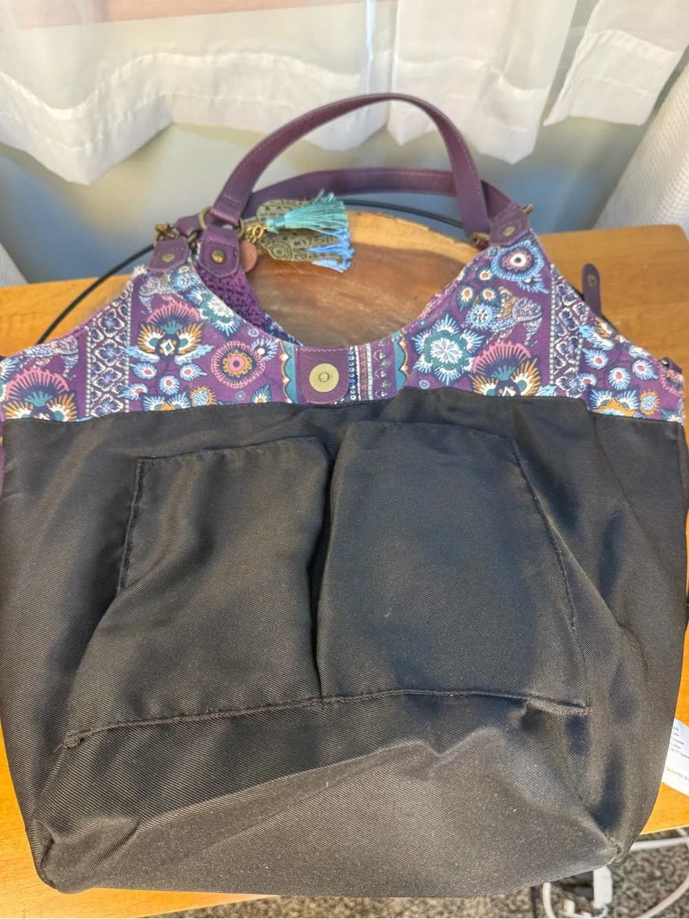 Purple Crochet Tote Bag with Embroidered Panel